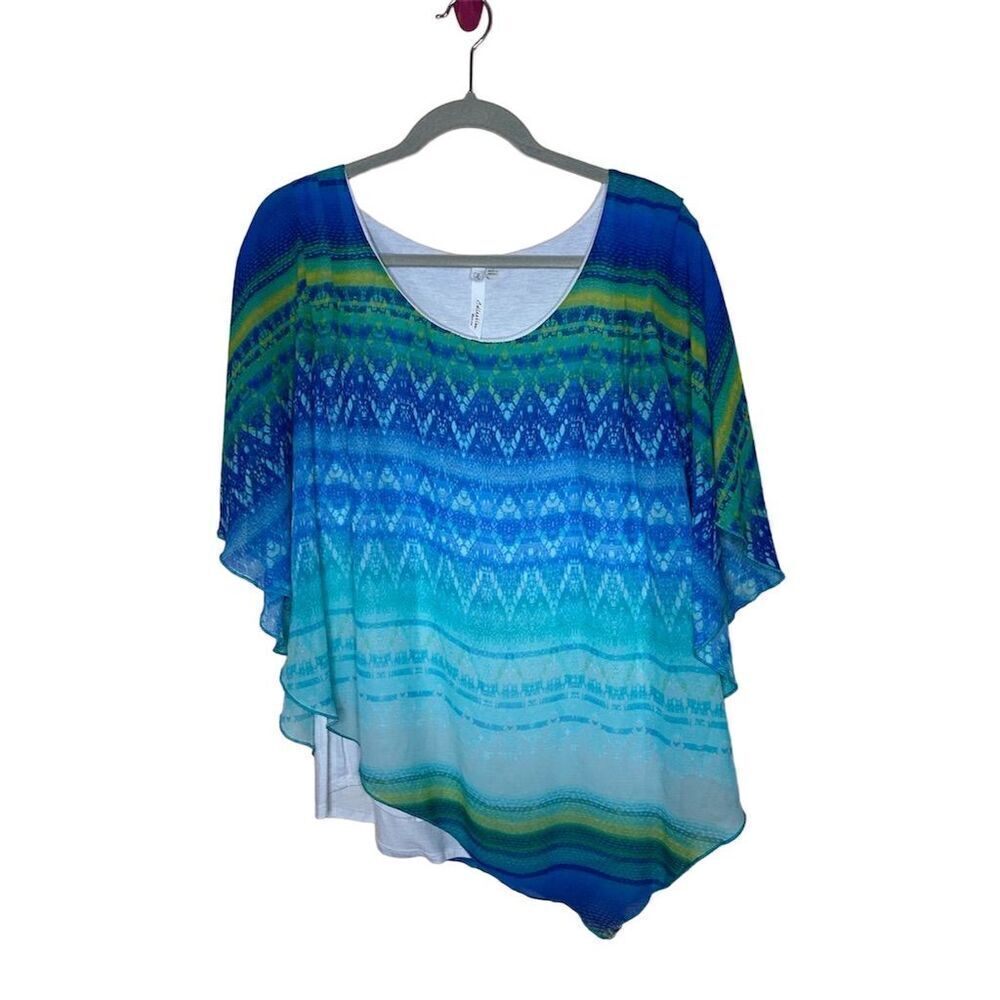 NY Collection Women's 1X Multicolor Tie Dye Asymmetric Poncho Top